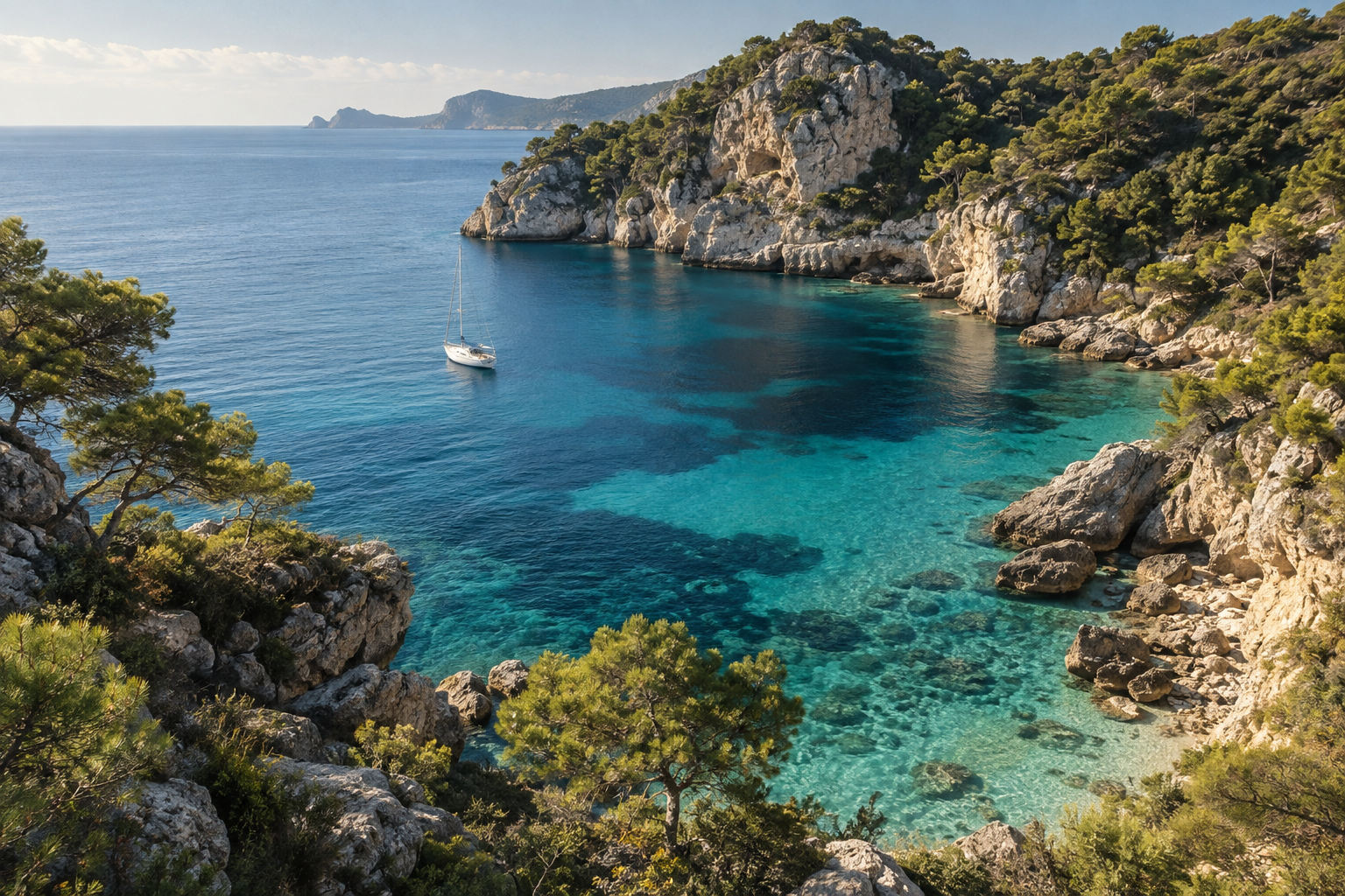 Turquoise Mediterranean cove framed by limestone and pine trees