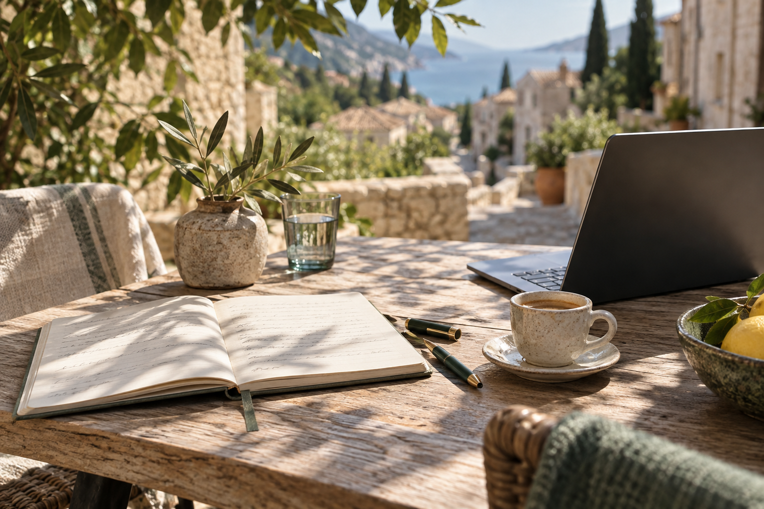 A sunlit travel business workspace